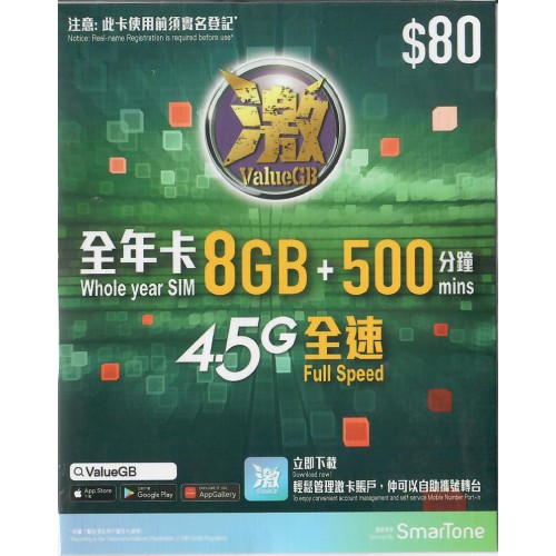 激ValueGB $80本地 8GB*儲值年卡